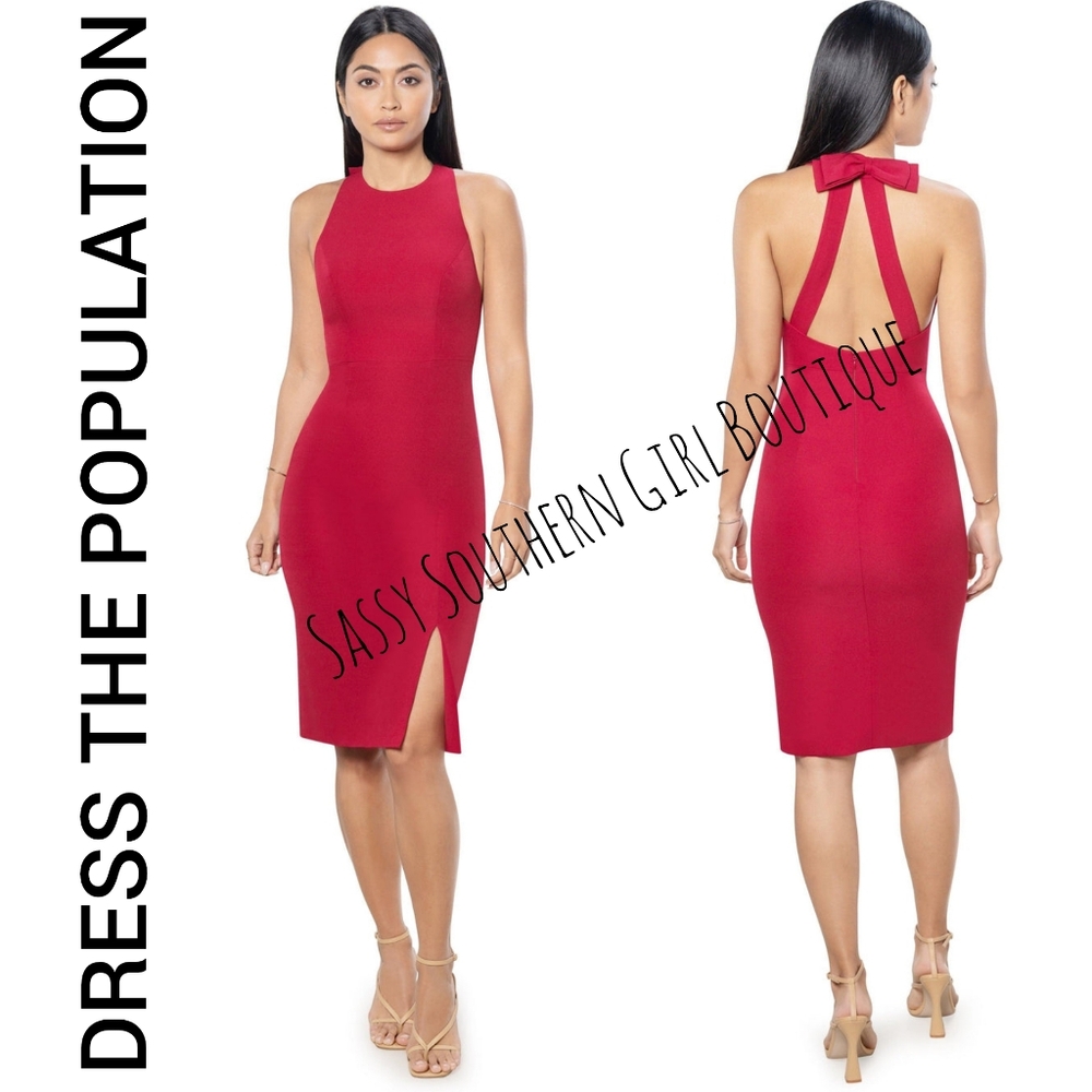 🆕🎂 DRESS THE POPULATION garnet red bow midi dress